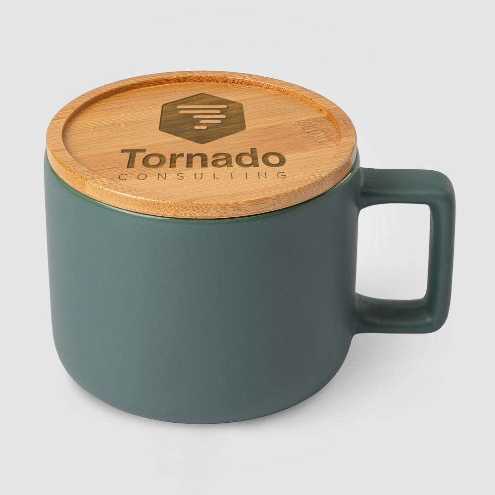 Café Virtuoso - 355 ml Keramiktasse mit Bambus-Deckel - Grün (#445A3E)